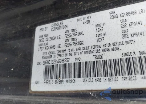 1998 Dodge Ram 1500 St из США, поврежденный, VIN 3B7HC13Z2WG206757